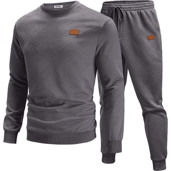Men's 2 Piece Sweat suit Jogging Suit Set Long Sleeve Jacquard Shirt Dark Grey - Picture 1 of 6